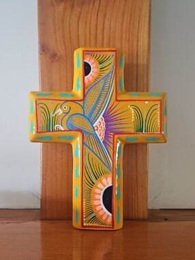 Hand-Painted Mexican Ceramic Talavera Cross Wall Vase with Bird Motif